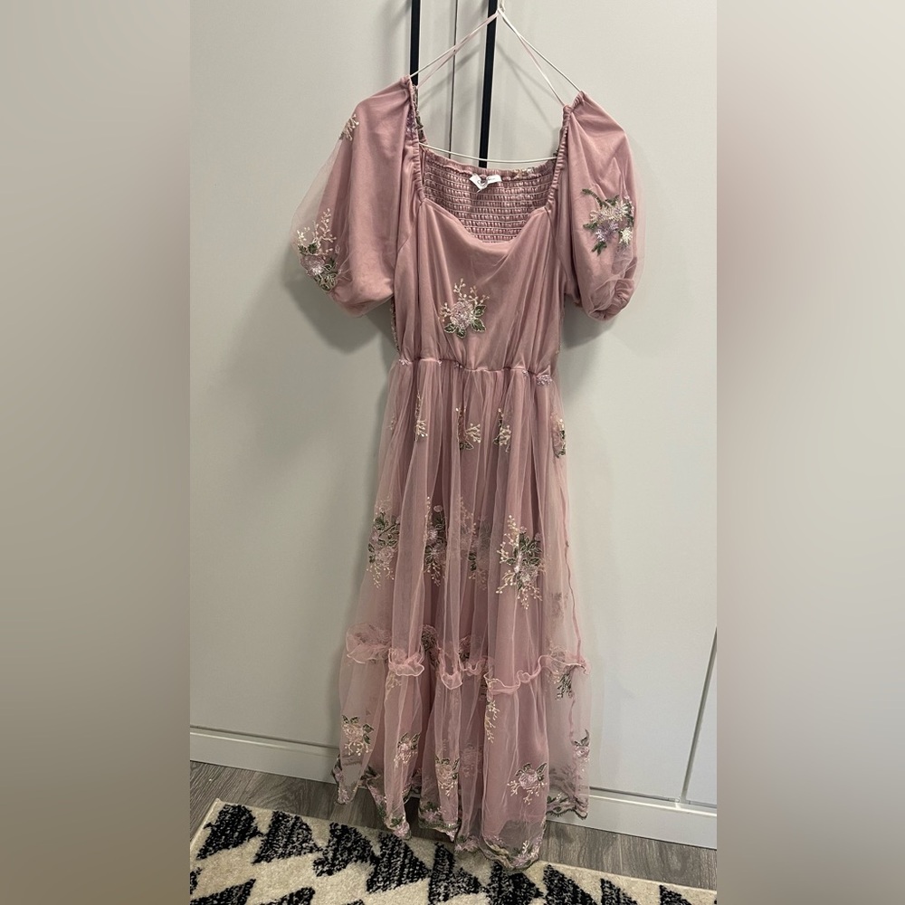 Puff Sleeve Pink Mesh Floral Embroidered Midi Dress